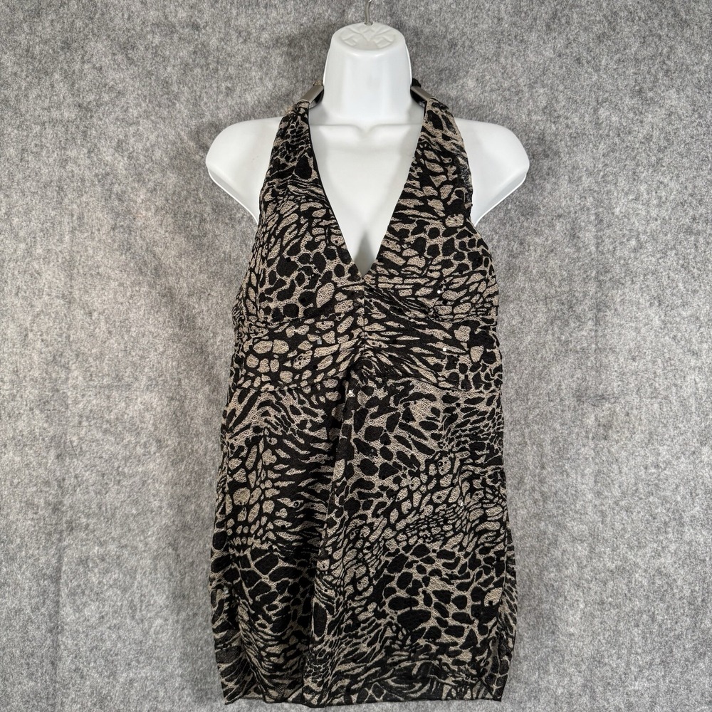 Y2K Animal Print Halter Top Womens Large Babydoll Festival Leopard Mesh Metal